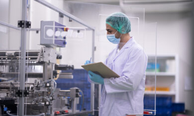 Laboratory technician inspecting pharmaceutical manufacturing in contaminate controlled room