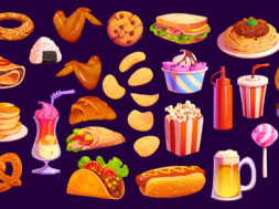 Fast food, cartoon burgers, snacks and hot dogs