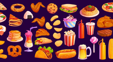 Fast food, cartoon burgers, snacks and hot dogs