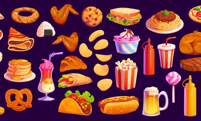 Fast food, cartoon burgers, snacks and hot dogs