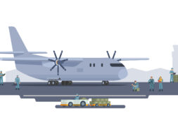 Vector illustration of military transport plane on ground. Fully editable vector elements