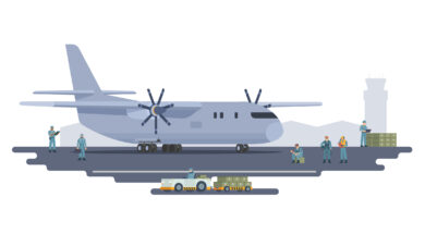 Vector illustration of military transport plane on ground. Fully editable vector elements