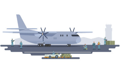 Vector illustration of military transport plane on ground. Fully editable vector elements