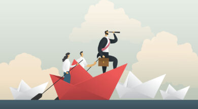 Leader looking through a telescope on a paper boat on the sea.