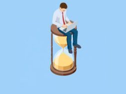 Isometric office worker with laptop on hourglass. Time management, urgent task and project deadline concept. Strict deadline and office stress. Time management and deadline workload