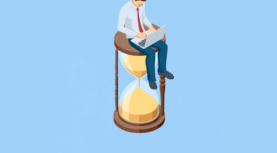 Isometric office worker with laptop on hourglass. Time management, urgent task and project deadline concept. Strict deadline and office stress. Time management and deadline workload