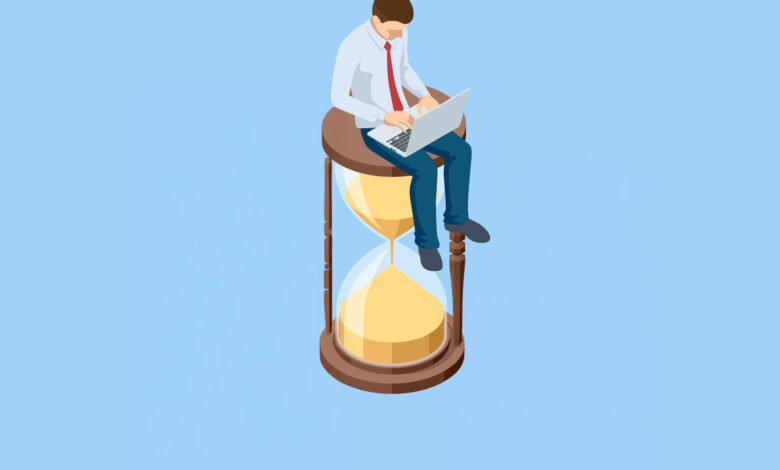 Isometric office worker with laptop on hourglass. Time management, urgent task and project deadline concept. Strict deadline and office stress. Time management and deadline workload