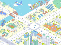 An isometric illustration of a town with a view of the ocean. A waterfront area where cargo ships are moored. A commercial district featuring a stadium, an amusement park, and office buildings. Suburbs with farmland. Schools and residential areas.