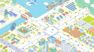 An isometric illustration of a town with a view of the ocean. A waterfront area where cargo ships are moored. A commercial district featuring a stadium, an amusement park, and office buildings. Suburbs with farmland. Schools and residential areas.