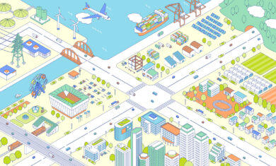 An isometric illustration of a town with a view of the ocean. A waterfront area where cargo ships are moored. A commercial district featuring a stadium, an amusement park, and office buildings. Suburbs with farmland. Schools and residential areas.