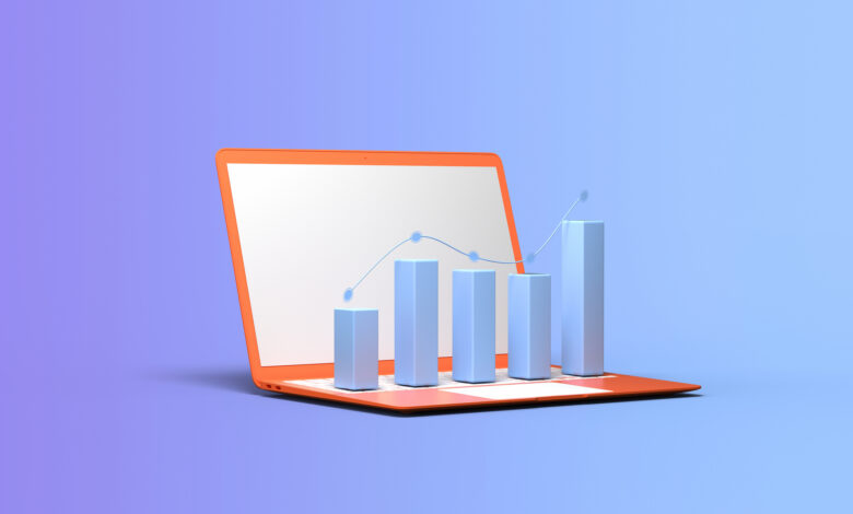3D Laptop and Rising Bar Chart