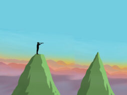 Illustration of man standing on mountaintop looking through telescope at another peak