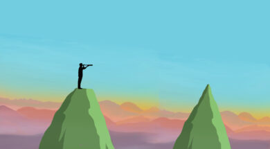 Illustration of man standing on mountaintop looking through telescope at another peak