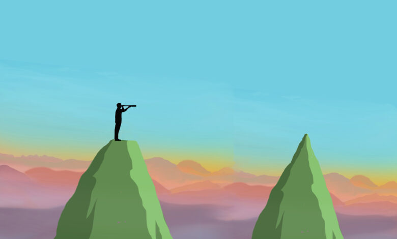Illustration of man standing on mountaintop looking through telescope at another peak