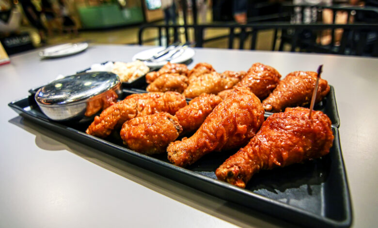 Korean traditional Bonchon spicy fried chicken food