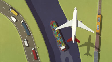 Airplane flying over commercial semi-trucks, train and container ship