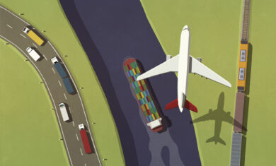 Airplane flying over commercial semi-trucks, train and container ship