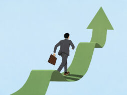 Businessman running up ascending green arrow ribbon against blue background