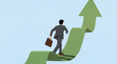 Businessman running up ascending green arrow ribbon against blue background