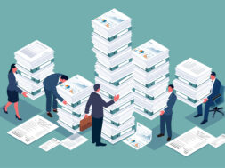 Work stress, piles of work documents, deadlines. An isometric view of a group of businesspeople carrying a large stack of work documents