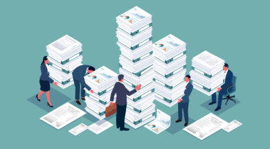 Work stress, piles of work documents, deadlines. An isometric view of a group of businesspeople carrying a large stack of work documents