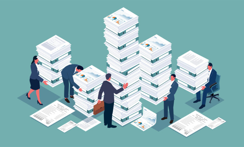 Work stress, piles of work documents, deadlines. An isometric view of a group of businesspeople carrying a large stack of work documents