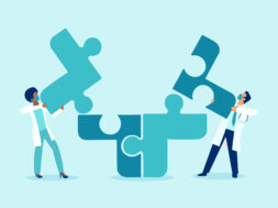 Vector of two doctors putting puzzle pieces together a symbol of team work and collaboration
