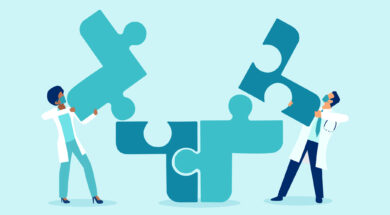 Vector of two doctors putting puzzle pieces together a symbol of team work and collaboration