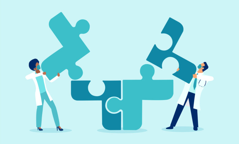 Vector of two doctors putting puzzle pieces together a symbol of team work and collaboration