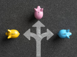 Piggy banks choosing investment path on asphalt road