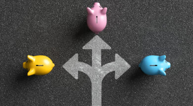 Piggy banks choosing investment path on asphalt road