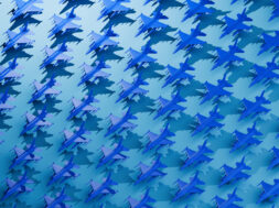 Formation Control – Grid of Stylized Blue Fighter Planes Representing Strategy and Precision