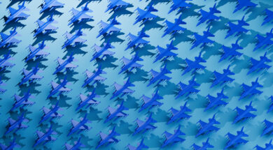 Formation Control – Grid of Stylized Blue Fighter Planes Representing Strategy and Precision