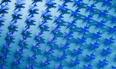 Formation Control – Grid of Stylized Blue Fighter Planes Representing Strategy and Precision