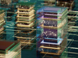 Futuristic Data Blocks Stacked as Glass Cubes in a Bright Abstract Cityscape Setting With Glowing Particles