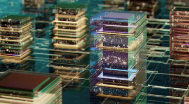 Futuristic Data Blocks Stacked as Glass Cubes in a Bright Abstract Cityscape Setting With Glowing Particles