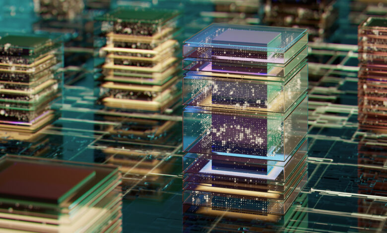 Futuristic Data Blocks Stacked as Glass Cubes in a Bright Abstract Cityscape Setting With Glowing Particles
