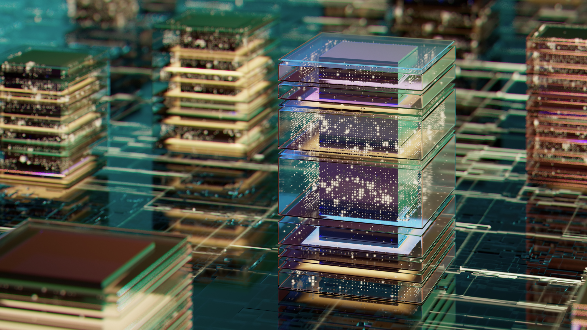 Futuristic Data Blocks Stacked as Glass Cubes in a Bright Abstract Cityscape Setting With Glowing Particles